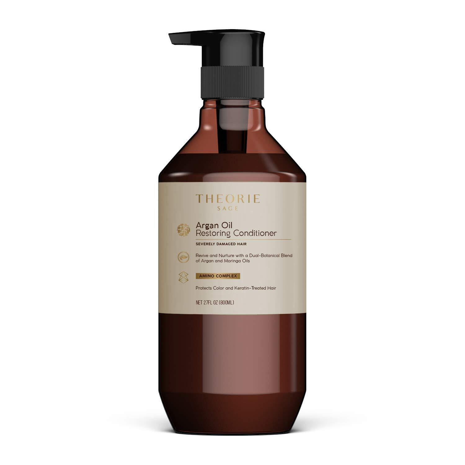 Theorie Argan Oil Ultimate Restoring Conditioner bottle delivering color-safe hydration and shine