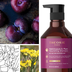 Theorie Helichrysum and Plum Shampoo color-safe formula preserves color and keratin-treated hair.