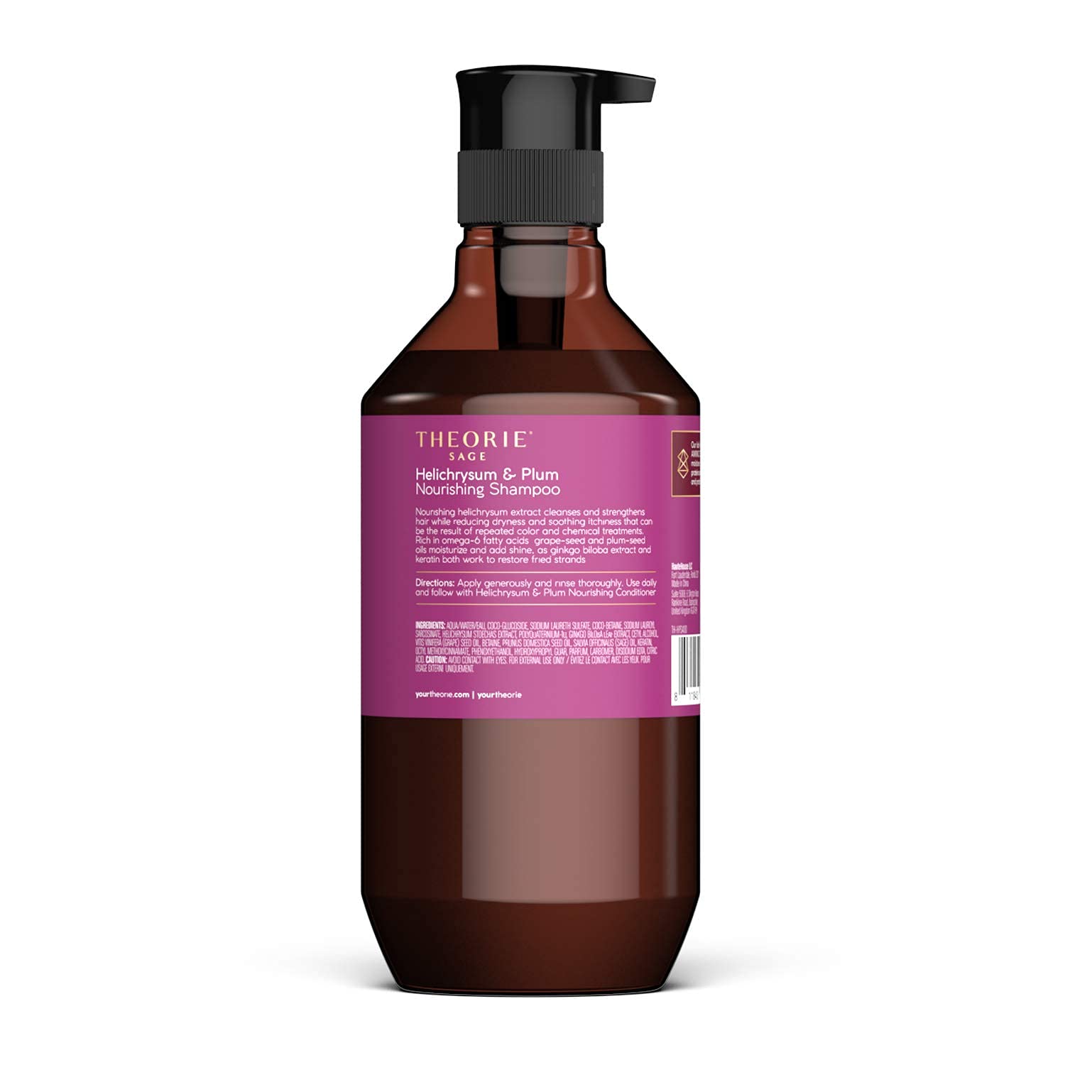 The Theorie shampoo ingredients highlight Helichrysum and plum seed oil for moisture.