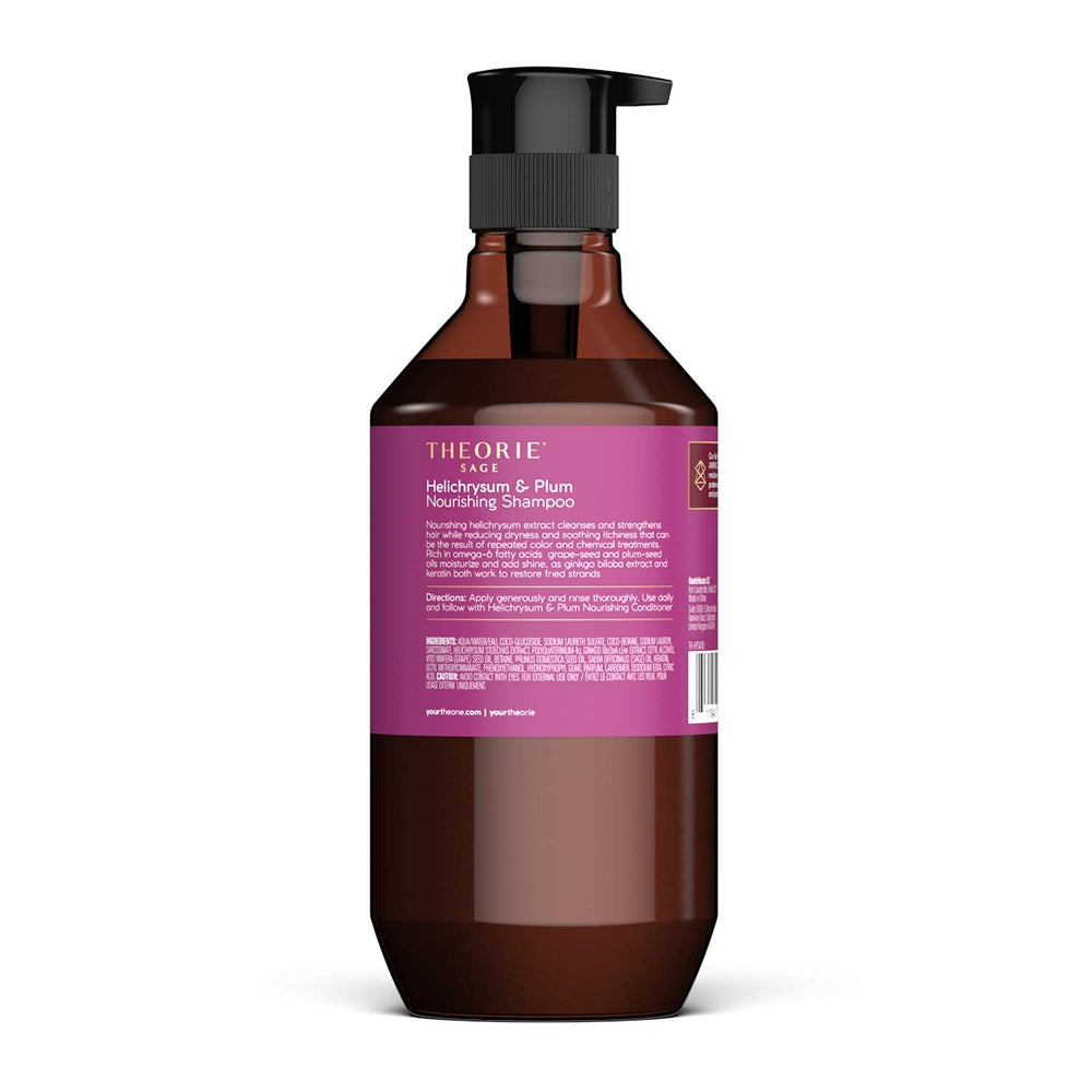 The Theorie shampoo ingredients highlight Helichrysum and plum seed oil for moisture.