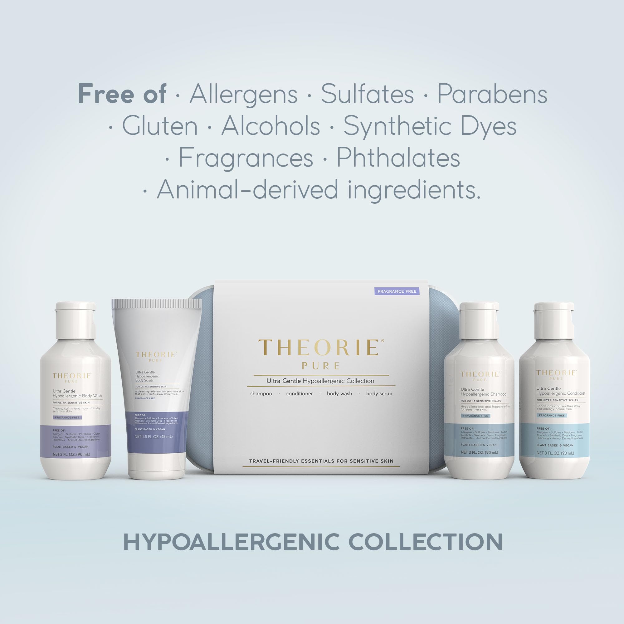 Theorie Pure travel-size conditioner bottle emphasizes hydrating nourishment for dry hair.