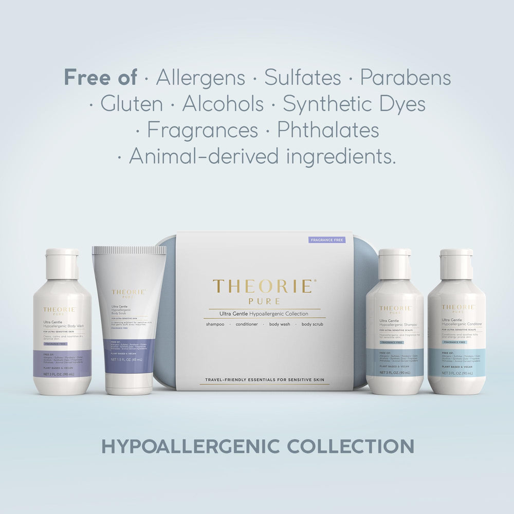 Theorie Pure travel-size conditioner bottle emphasizes hydrating nourishment for dry hair.