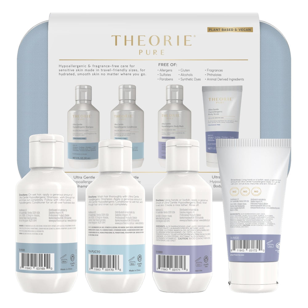 Theorie Pure fragrance-free label focuses on clean, fragrance-free skincare commitment.