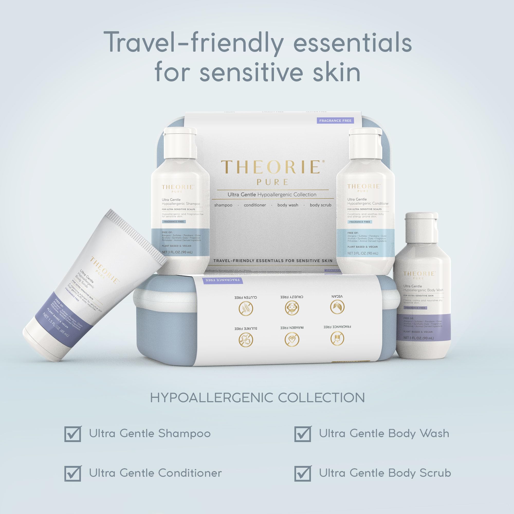 Theorie Pure travel-size packaging box demonstrates compact, travel-ready skincare set.