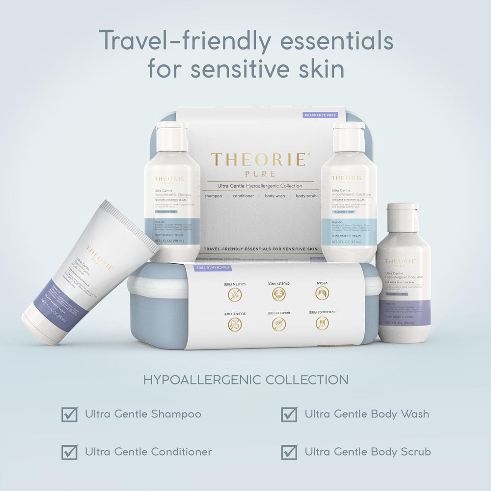 Theorie Pure travel-size packaging box demonstrates compact, travel-ready skincare set.