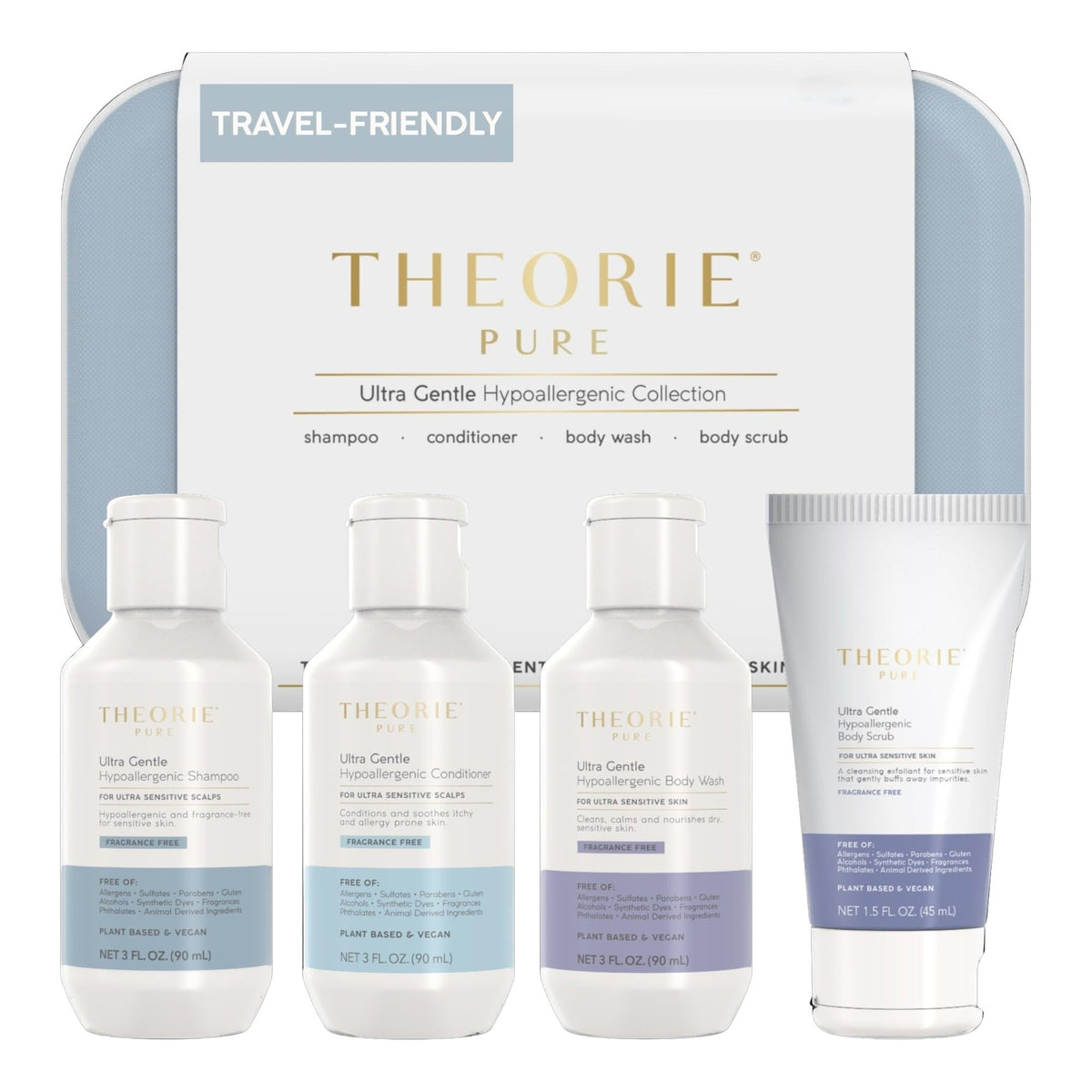 Theorie Pure travel-size shampoo bottle highlights fragrance-free cleansing for sensitive scalps.