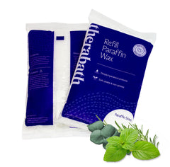 Therabath paraffin wax refill bottle pour demonstrates residue-free application.