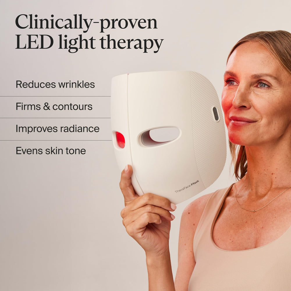 TheraFace mask red light face close-up for rejuvenated-looking skin and fine-line appearance