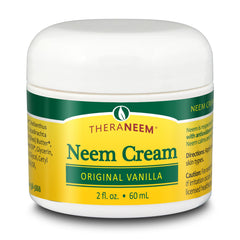 TheraNeem Cream tub closeup showing vanilla-scented hydrating moisturizer for dry and sensitive skin