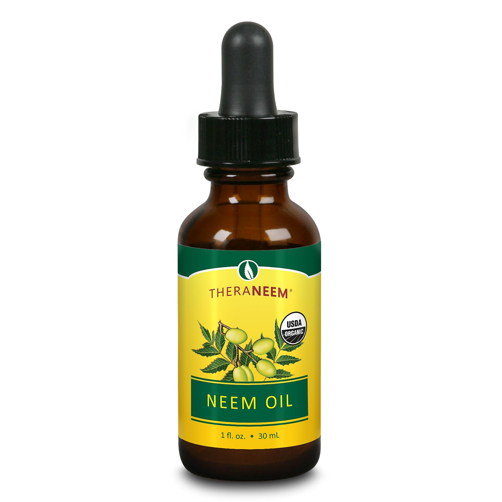 TheraNeem Naturals Neem Oil bottle is a pure organic oil for skin and hair care.