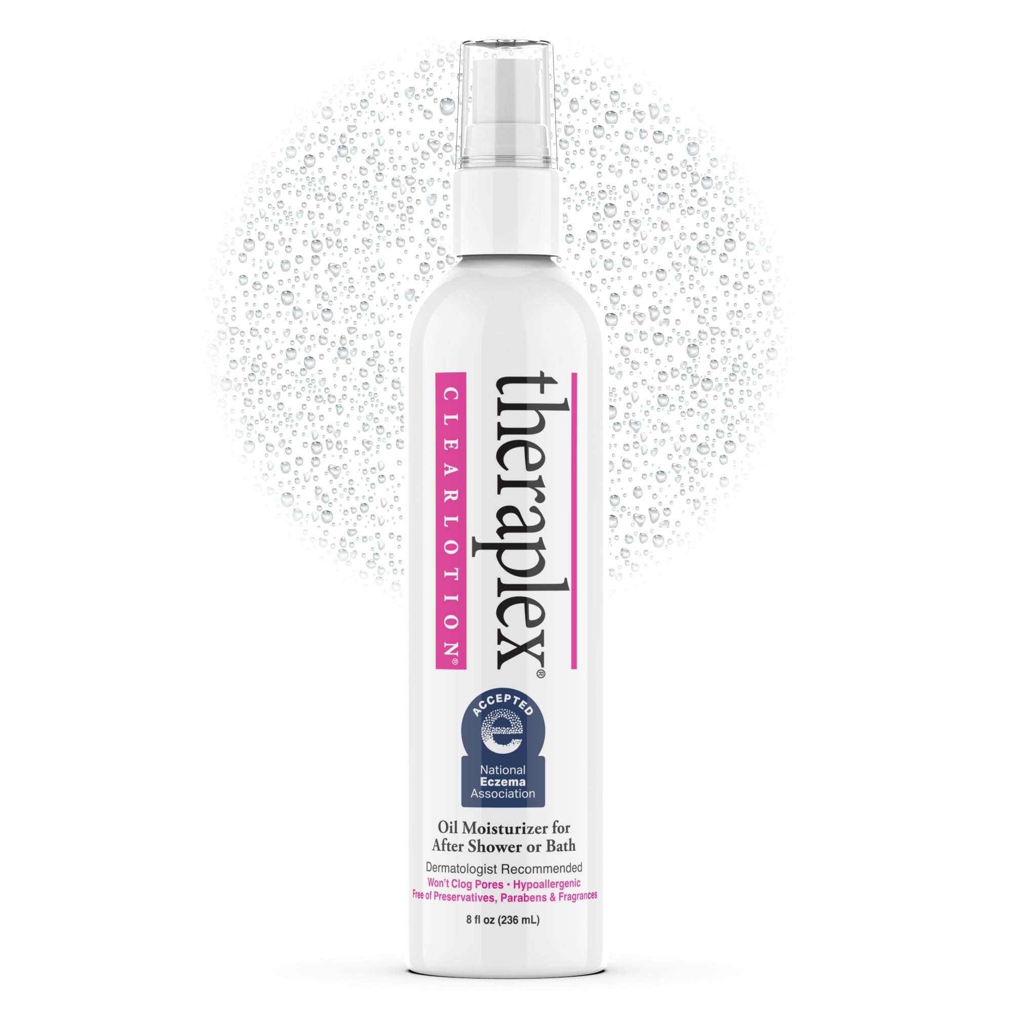 Theraplex Clear Lotion Spray bottle shows light, fast-absorbing hydration for sensitive skin.