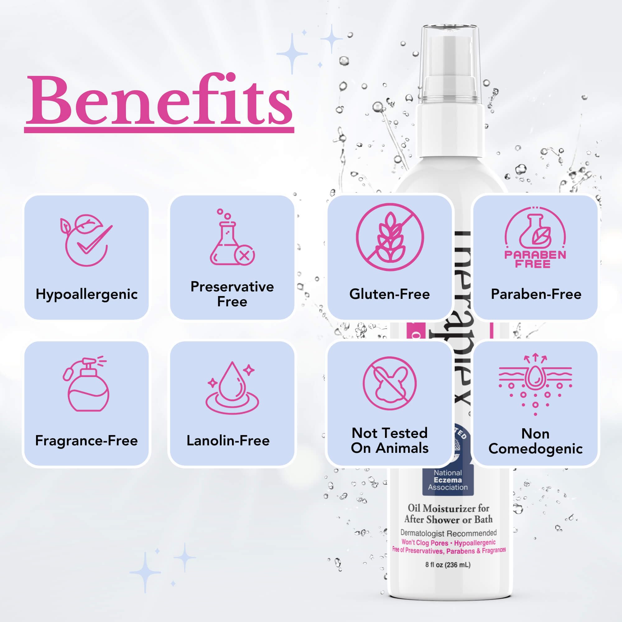 Theraplex Clear Lotion Spray hypoallergenic formula promises gentle moisture care.