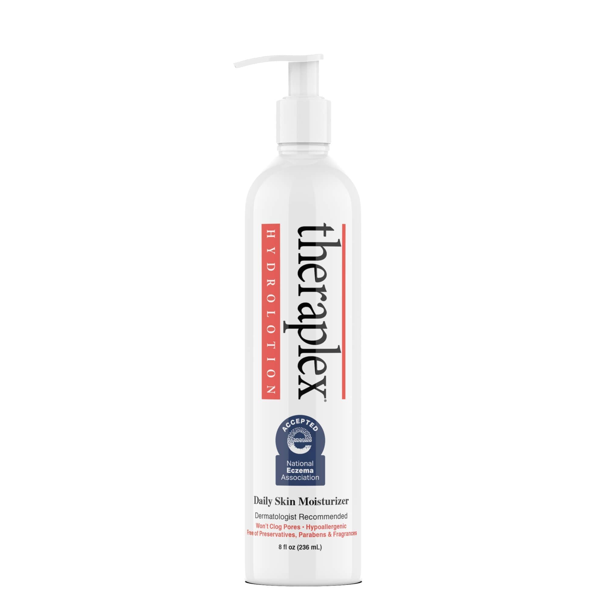 Theraplex Hydro Lotion bottle front showing fragrance-free, dermatologist-approved moisturizer for sensitive skin