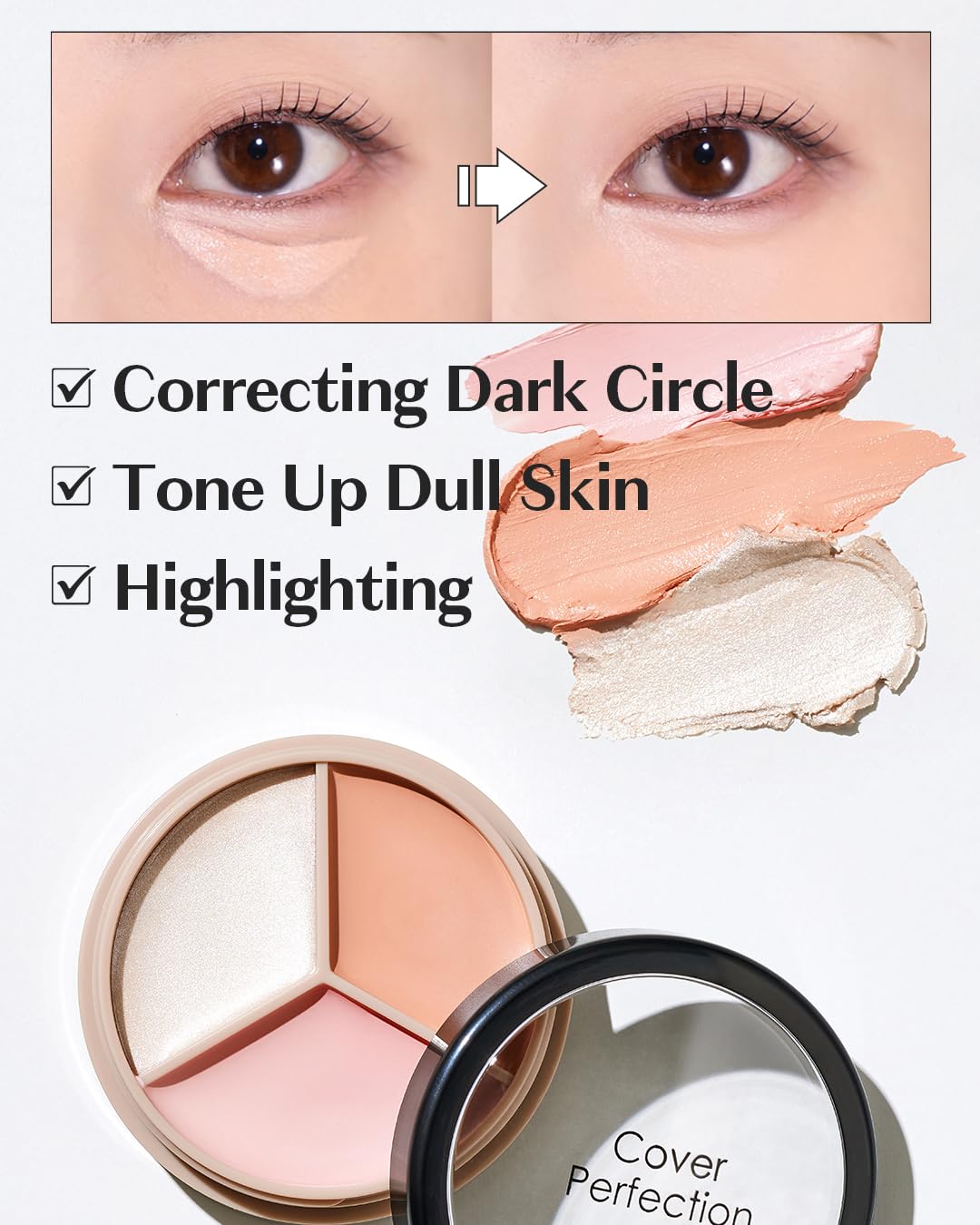 THESAEM Cover Perfection Brightener swatch delivers tone-up coverage for a brighter under-eye area.