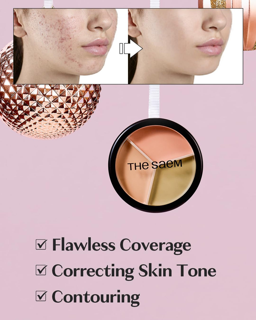 THESAEM Concealer palette swatches showing shade trio for correction