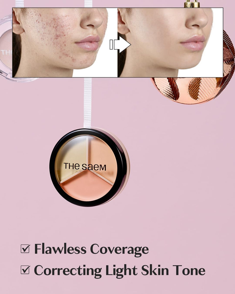 THESAEM concealer swatches show green, beige, and peach shades for redness and dark circles.