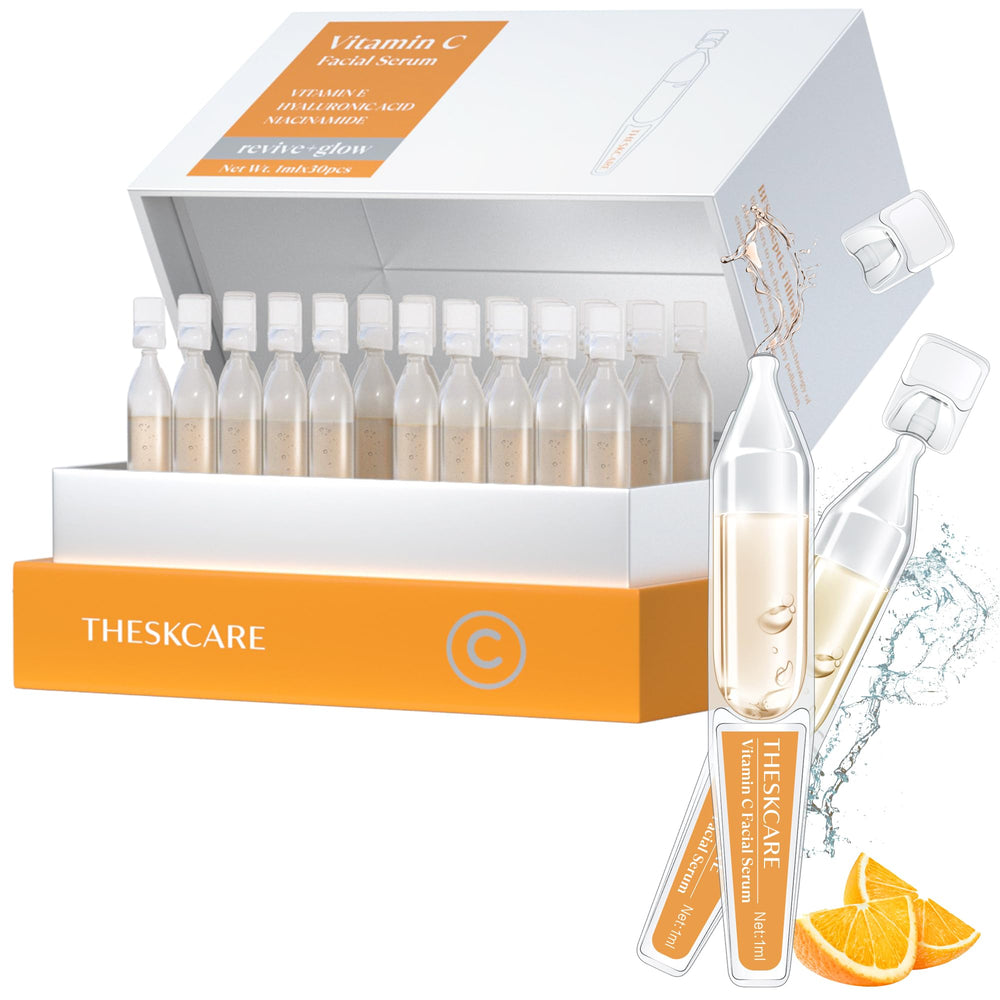 THESKCARE Vitamin C Serum bottle close-up for brightening and hydration.