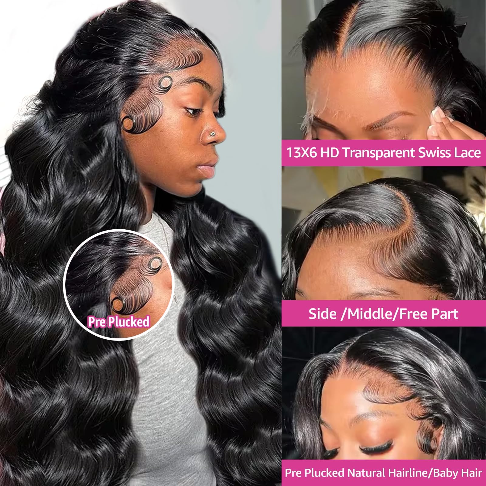 THGF pre-plucked 30-inch body wave wig shows seamless part and realistic scalp.
