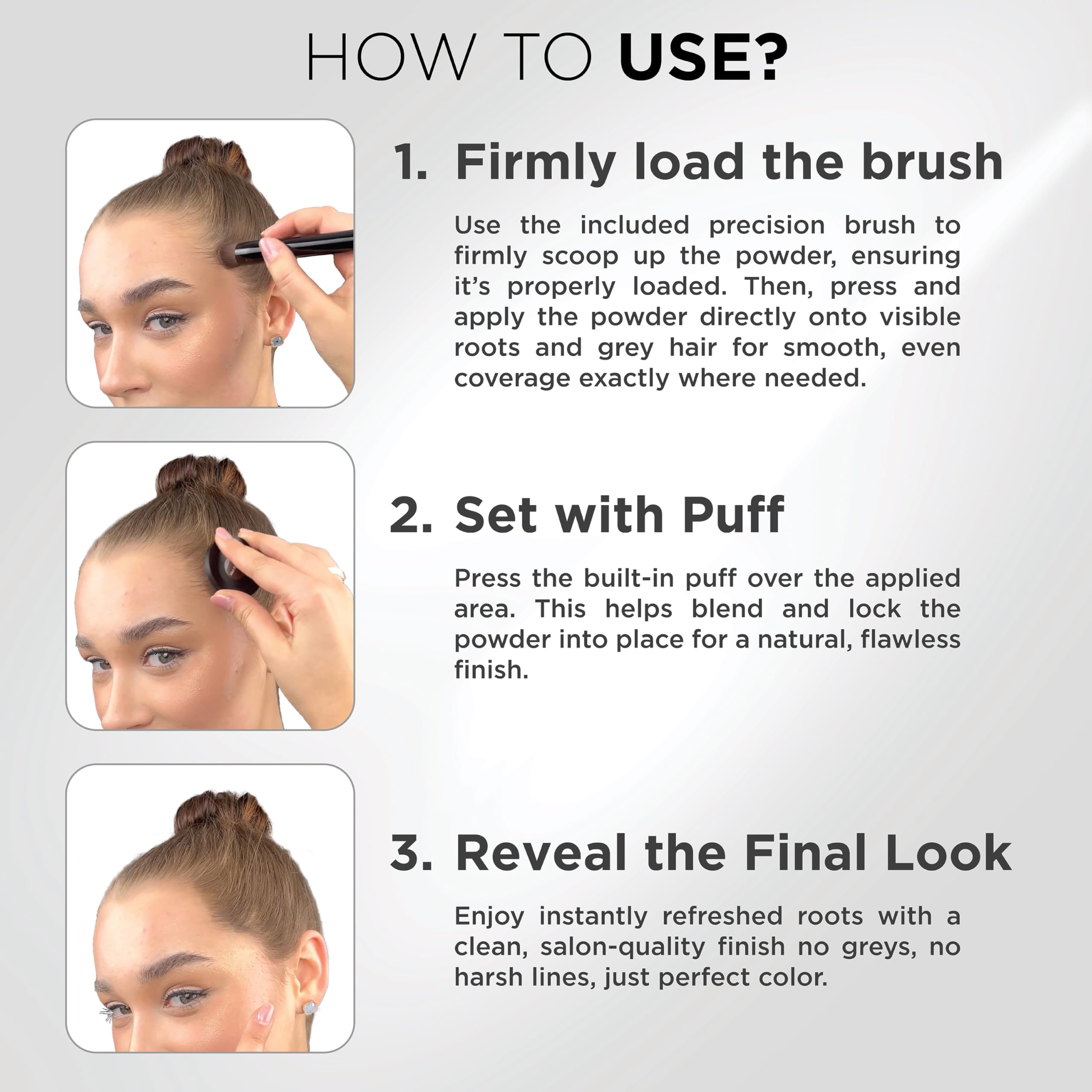 Thick Fiber root touch up mirror for quick, on-the-go touch-ups.