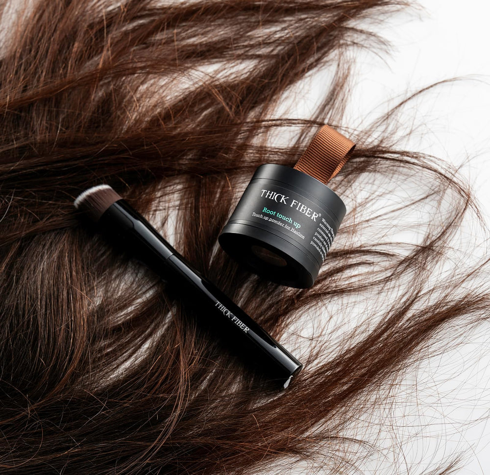 Thick Fiber Root Touch Up Powder demonstrated in front of a mirror for daily routine use.