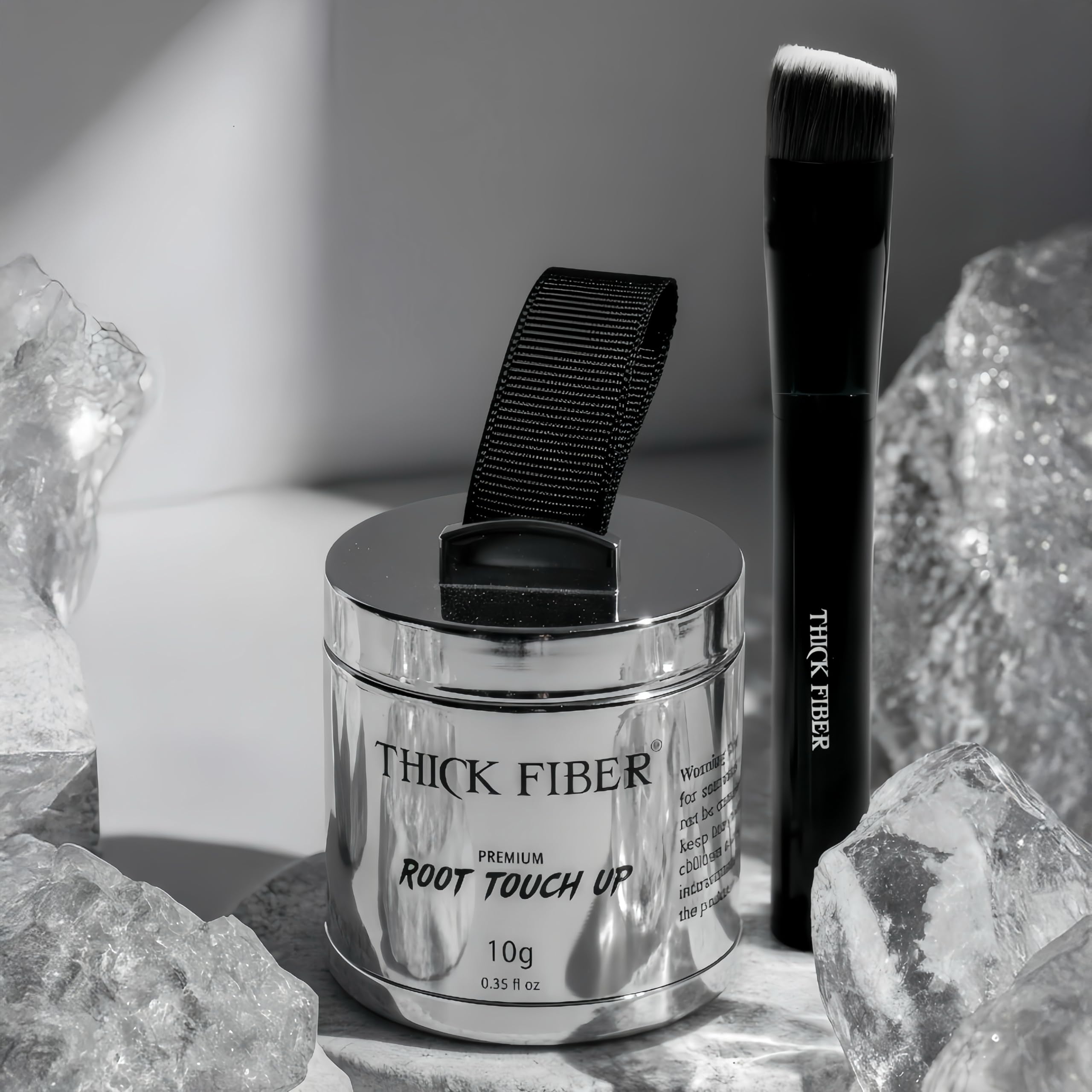 THICK FIBER Root Touch Up Powder applied on forehead for natural coverage.