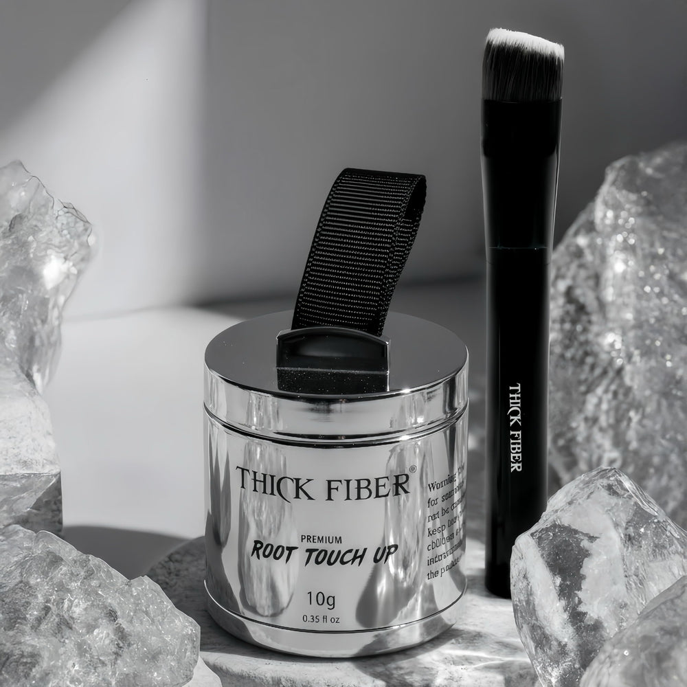 THICK FIBER Root Touch Up Powder applied on forehead for natural coverage.
