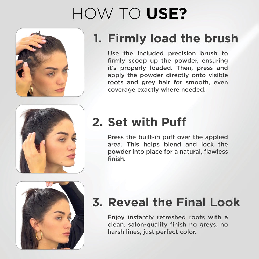 THICK FIBER Root Touch Up Powder mirror helps quick checks.