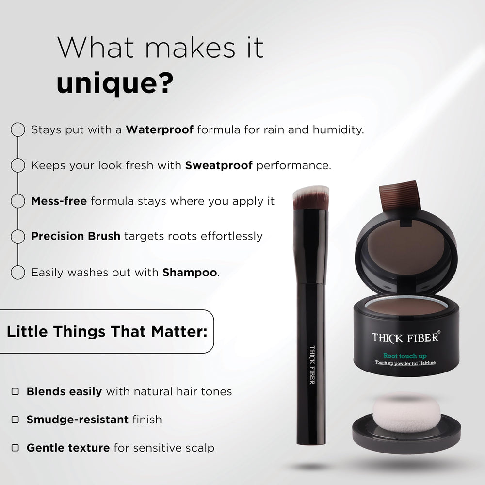 Thick Fiber Root Touch Up Powder packaging and tools highlight a complete concealment solution.