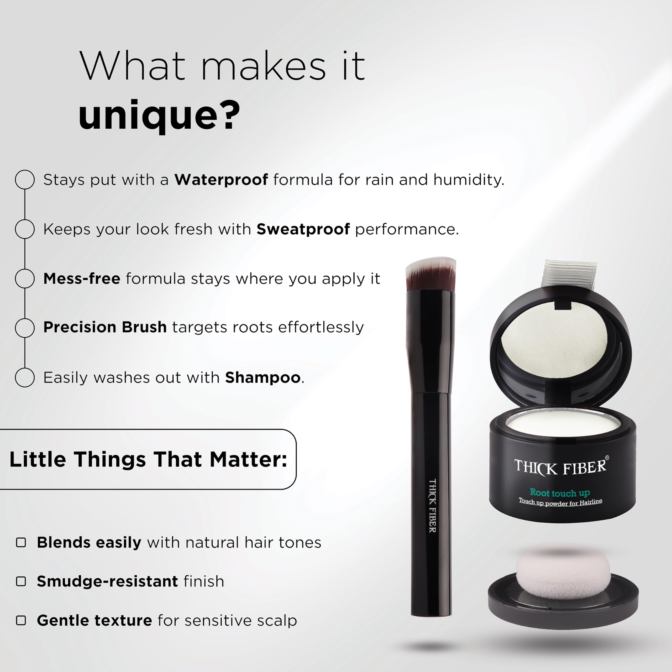 THICK FIBER water and sweat resistant formula stays put in rain or workouts.