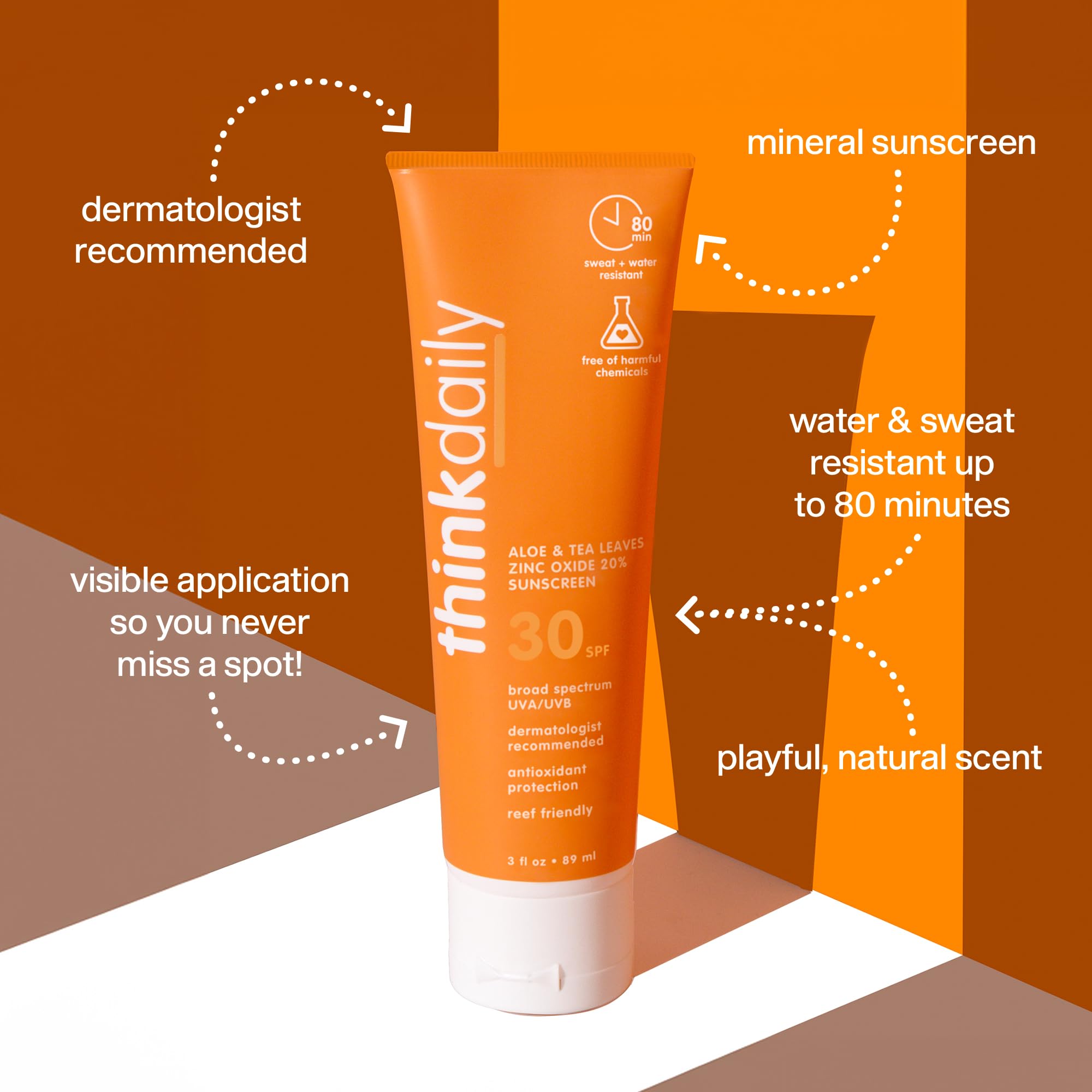 Thinkdaily SPF30 mineral sunscreen on face and body during routine application