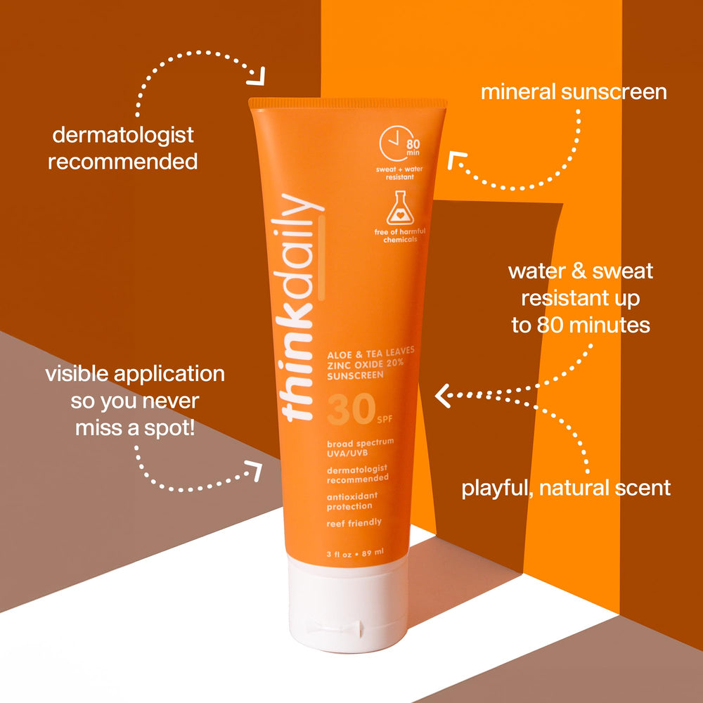 Thinkdaily SPF30 mineral sunscreen on face and body during routine application