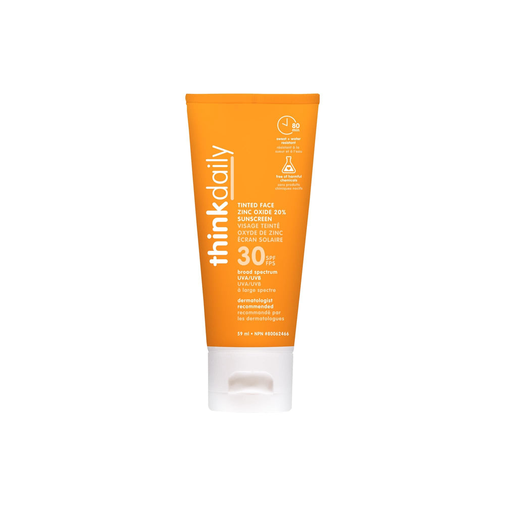 Thinkdaily SPF 30 tinted sunscreen bottle showing natural tint for all skin tones.