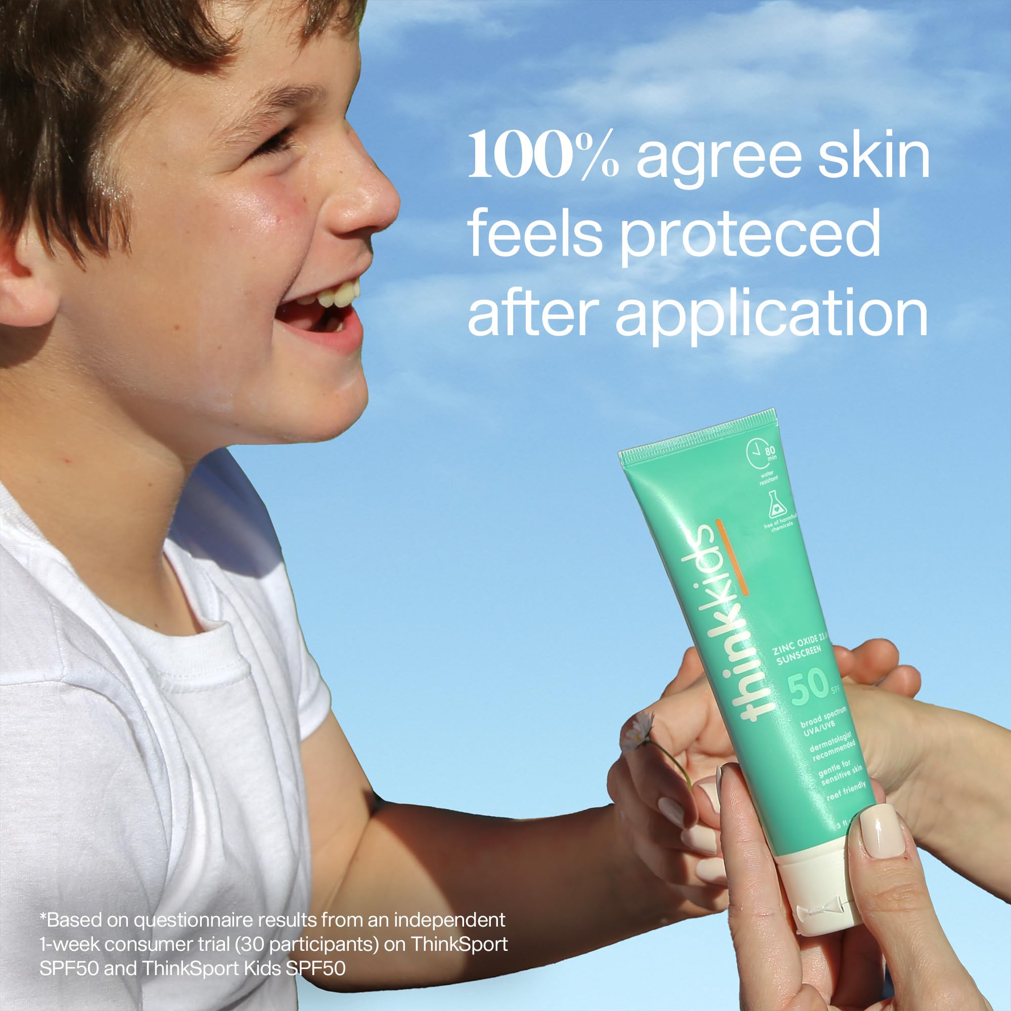 Thinkkids SPF50 label communicates toxin-free, kid-friendly sunscreen for sensitive skin.