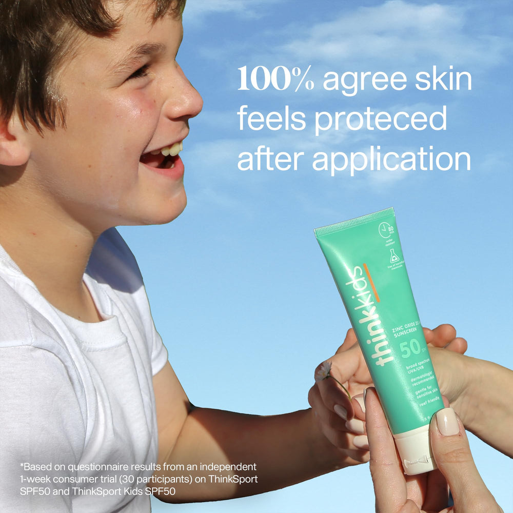Thinkkids SPF50 label communicates toxin-free, kid-friendly sunscreen for sensitive skin.