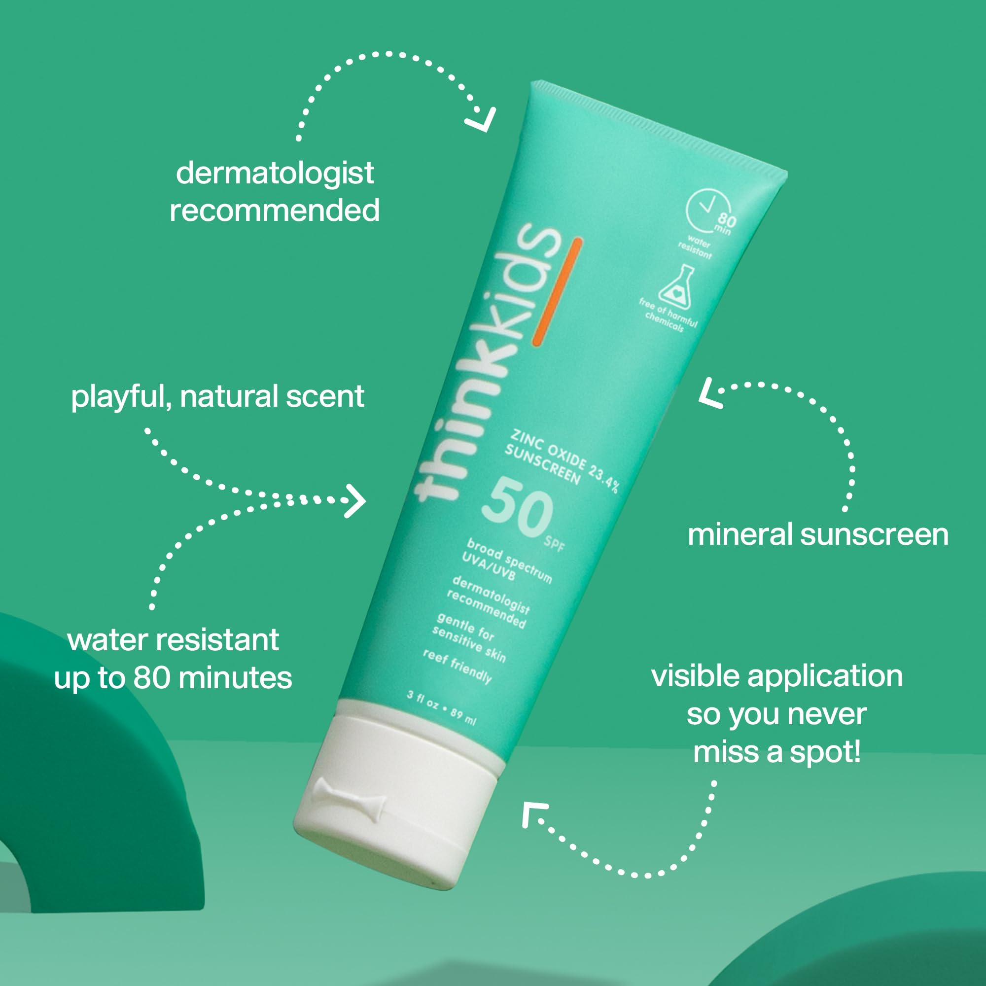 Thinkkids SPF50 swim scene emphasizes up to 80 minutes of water resistance.