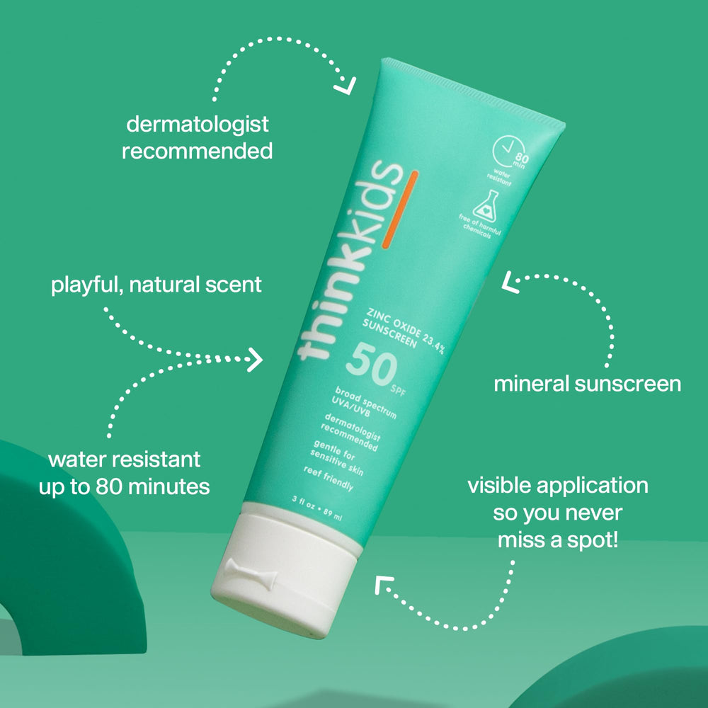 Thinkkids SPF50 swim scene emphasizes up to 80 minutes of water resistance.