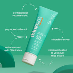 Thinkkids SPF50 swim scene emphasizes up to 80 minutes of water resistance.