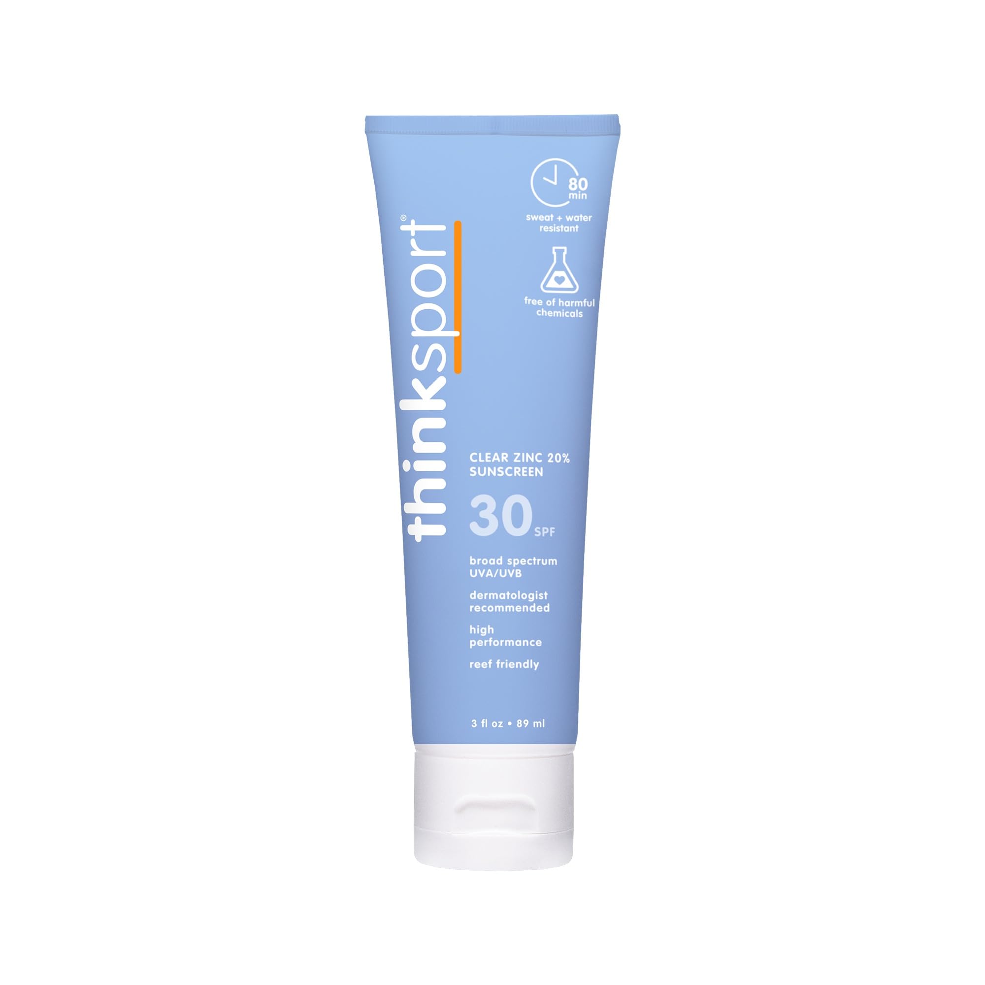 Thinksport 3oz sunscreen tube showing clean mineral protection for active days.