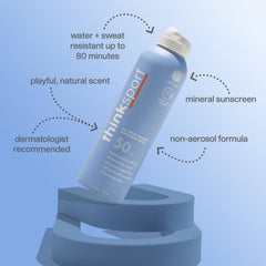 Thinksport mineral sunscreen spray being applied to skin for fast, non-greasy protection during outdoor activity