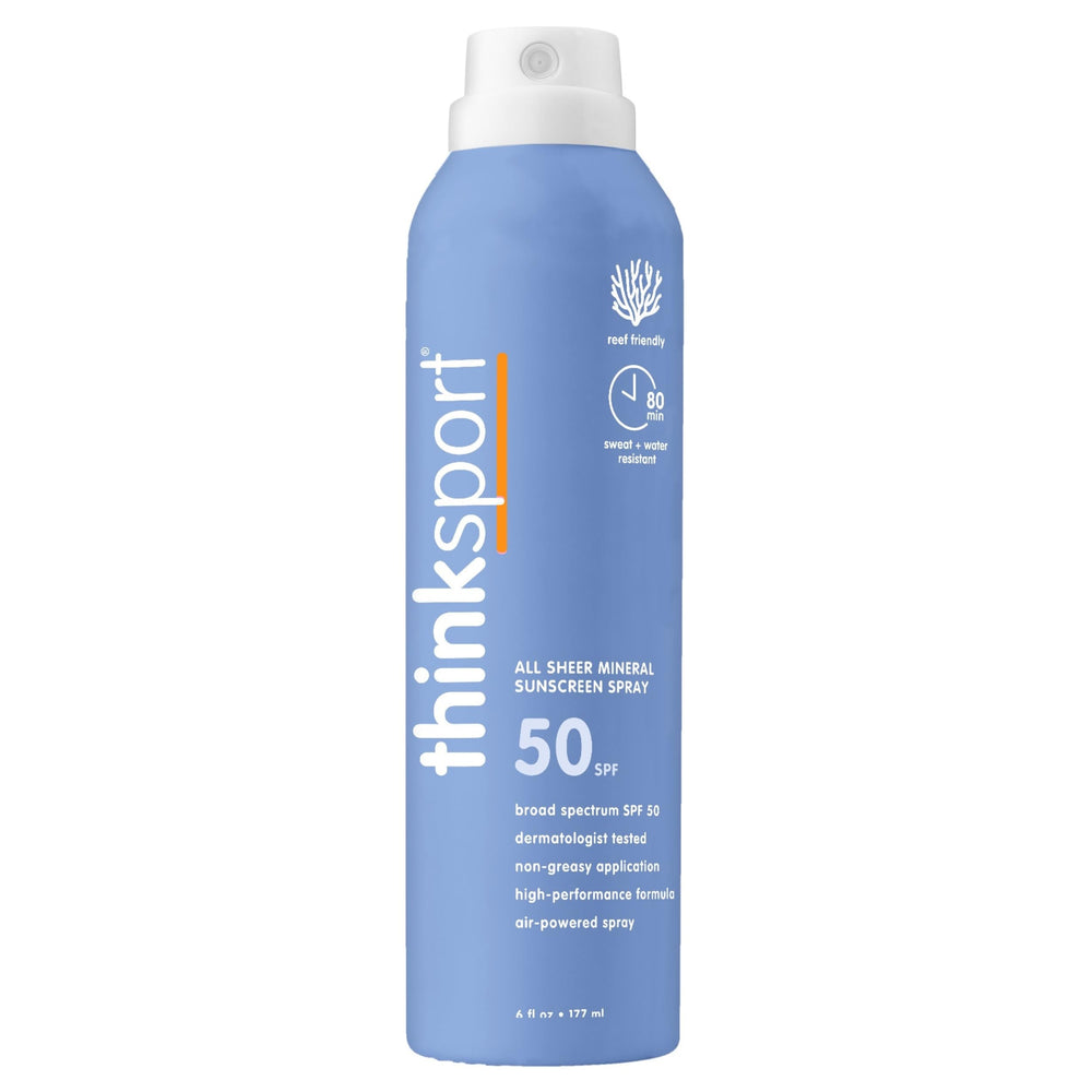 Thinksport mineral sunscreen spray bottle prepared for outdoor protection on hikes