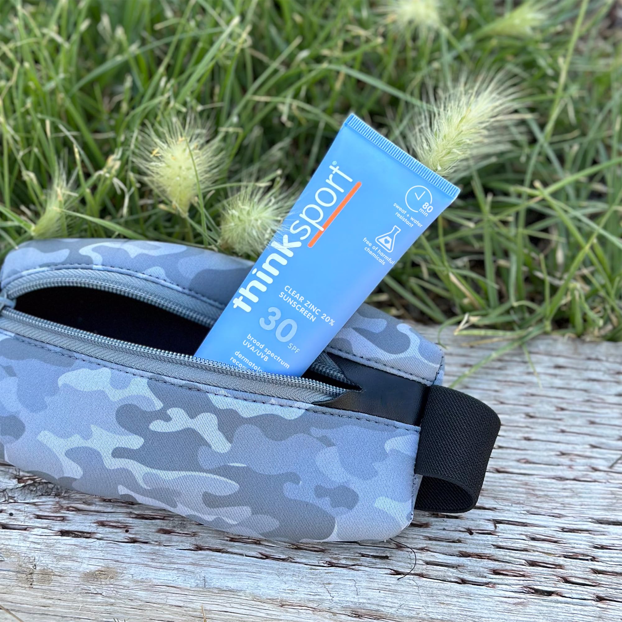 Thinksport reef-safe vegan sunscreen label emphasizing a clean mineral protection.