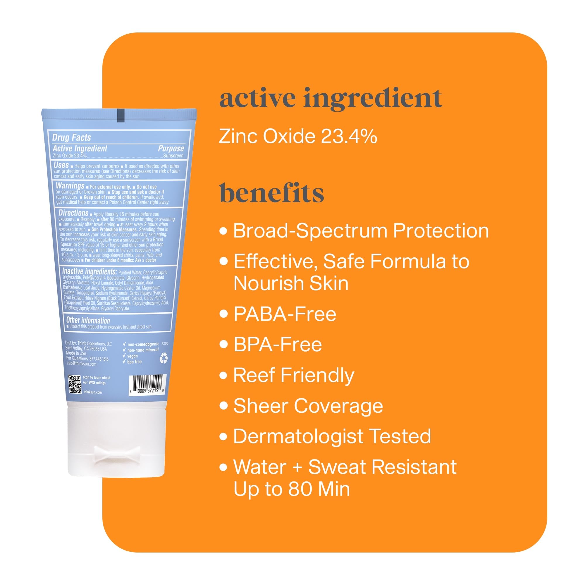 Thinksport SPF50 clear-zinc-oxide-coverage: virtually invisible on skin for everyday UV defense.