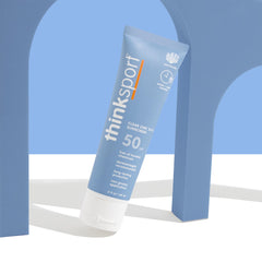 ThinkSport sunscreen on face and body during outdoor activity with sweat resistance