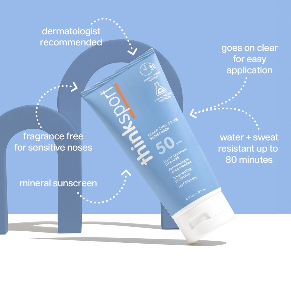 Thinksport sunscreen bottle being applied for quick, even coverage.