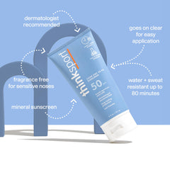 Thinksport sunscreen bottle being applied for quick, even coverage.