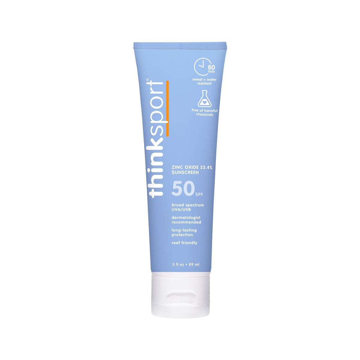 Thinksport sunscreen front label highlights zinc oxide protection and reef-safe ingredients.