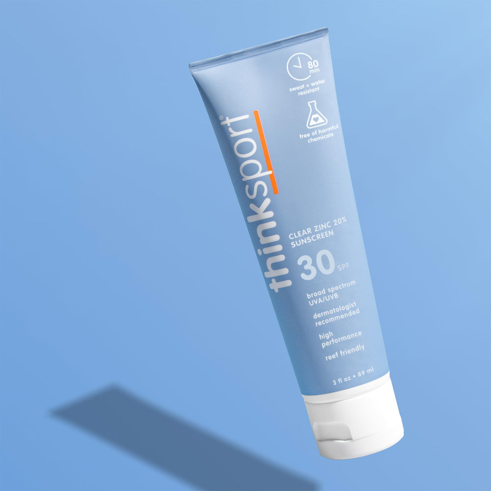 Thinksport zinc oxide close-up highlighting non-nano mineral protection.