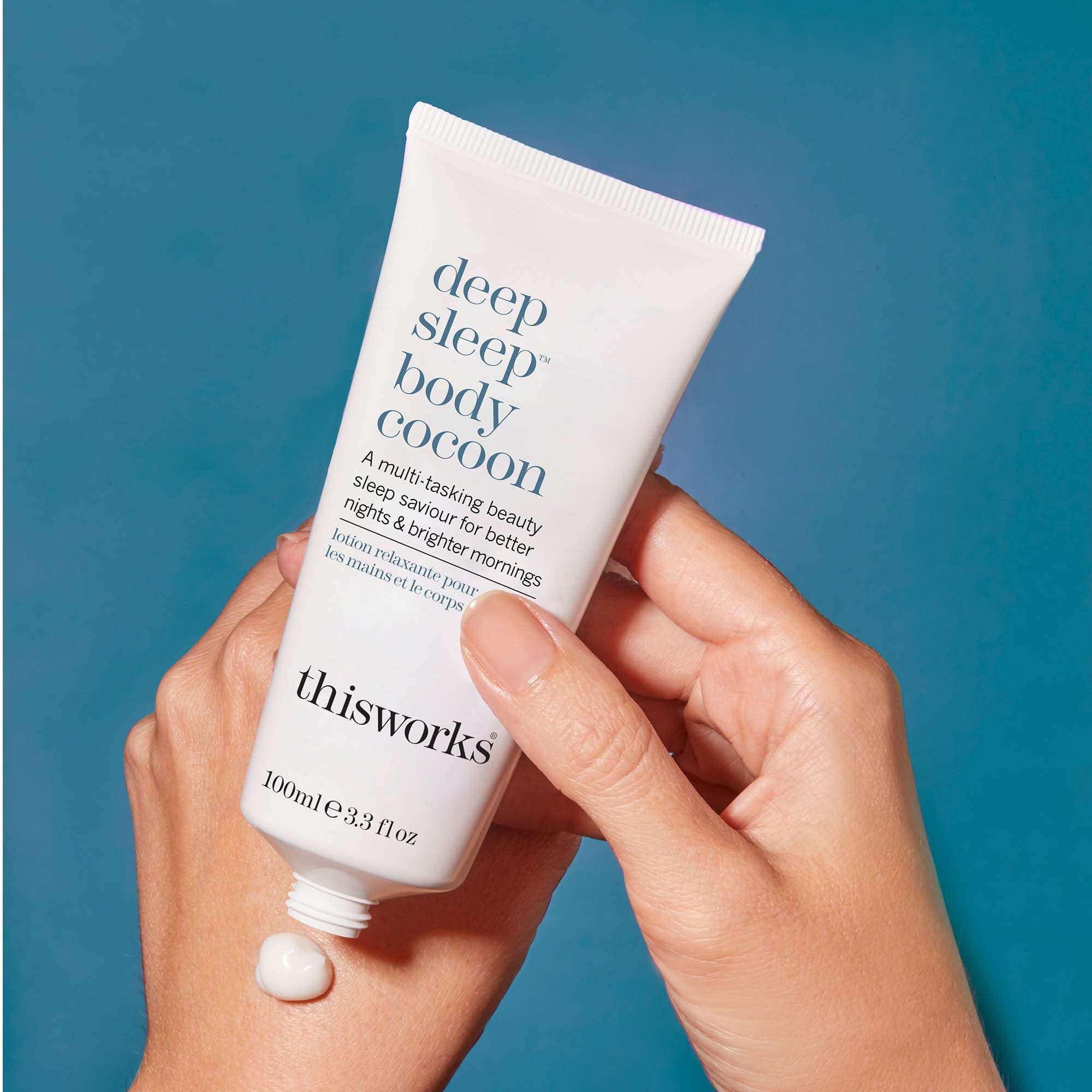 THISWORKS Deep Sleep Body Cocoon 100ml tube ready for bedside use.