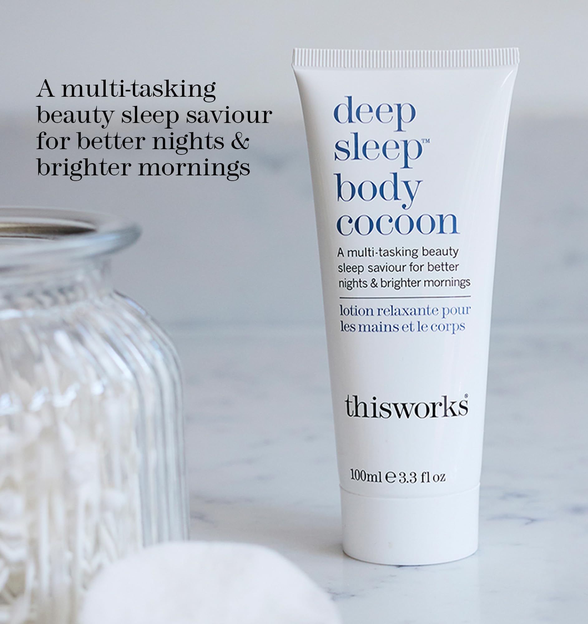 THISWORKS Deep Sleep Body Cocoon cream swirl demonstrates fast-absorbing overnight hydration.