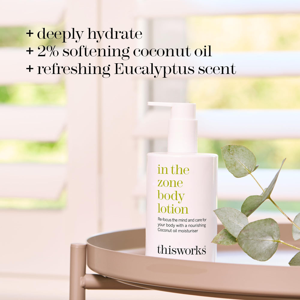 THISWORKS In The Zone bottle closeup label highlights eucalyptus and petitgrain for alertness.